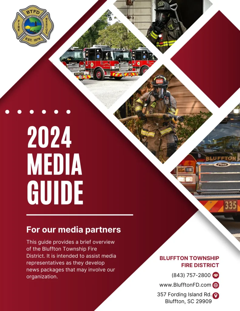 2024 Media Guide cover for Bluffton Township Fire District, featuring images of fire trucks, firefighters, and department shields, plus contact information and text for media partners on a red and white background.