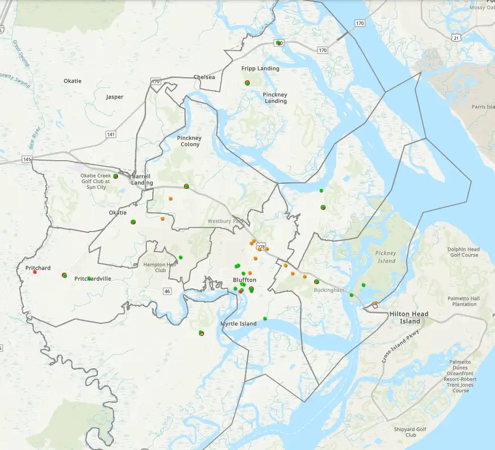 A map showing Bluffton, Hilton Head Island, and surrounding areas in South Carolina, with multiple colored dots marking locations across towns, waterways, and islands. Major roads and rivers are also visible.