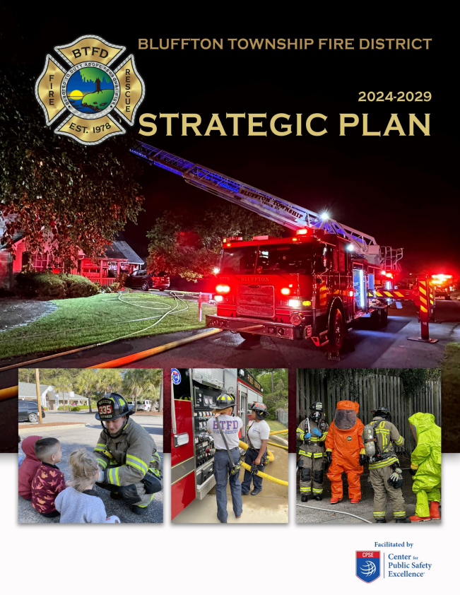 Cover of the Bluffton Township Fire District 2024-2029 Strategic Plan, featuring firetrucks in action at night, firefighters with children, entering a truck, and in hazmat suits; official logos and titles included.
