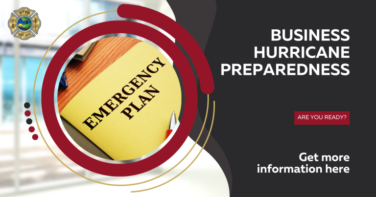 A yellow folder labeled "Emergency Plan" on a desk, with text reading "Business Hurricane Preparedness" and "Get more information here" beside it. A badge logo appears in the top left corner.