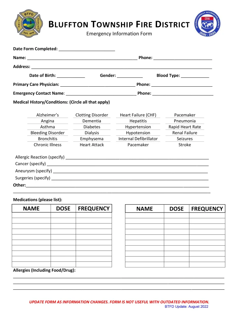 Bluffton Township Fire District Emergency Information Form with sections for personal info, medical conditions, medications, and allergies; includes logos and notes to circle health issues and list medications.