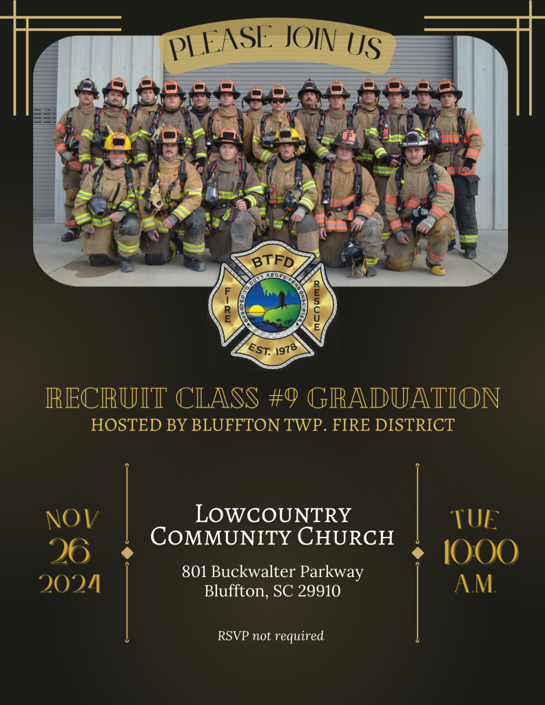 A group of firefighters in full gear poses together, promoting the Recruit Class #9 Graduation for Bluffton Township Fire District on November 26, 2024, at 10:00 AM at Lowcountry Community Church, Bluffton, SC.