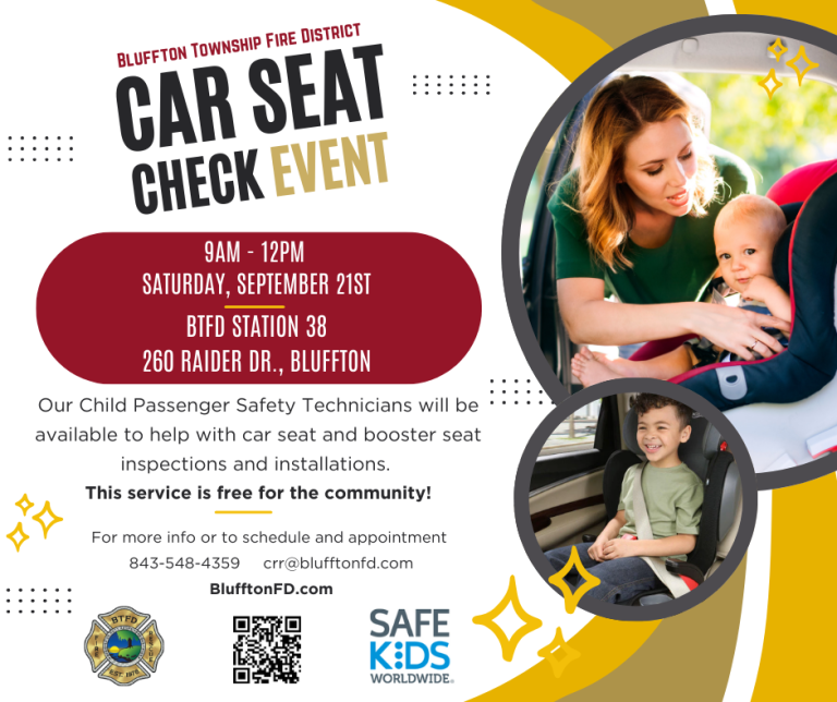 Flyer for a car seat check event on Sept. 21, 9am-12pm at BTFD Station 38, Bluffton. Includes photos of a technician helping a parent and a smiling child in a car seat. Free service. Contact info and logos shown.